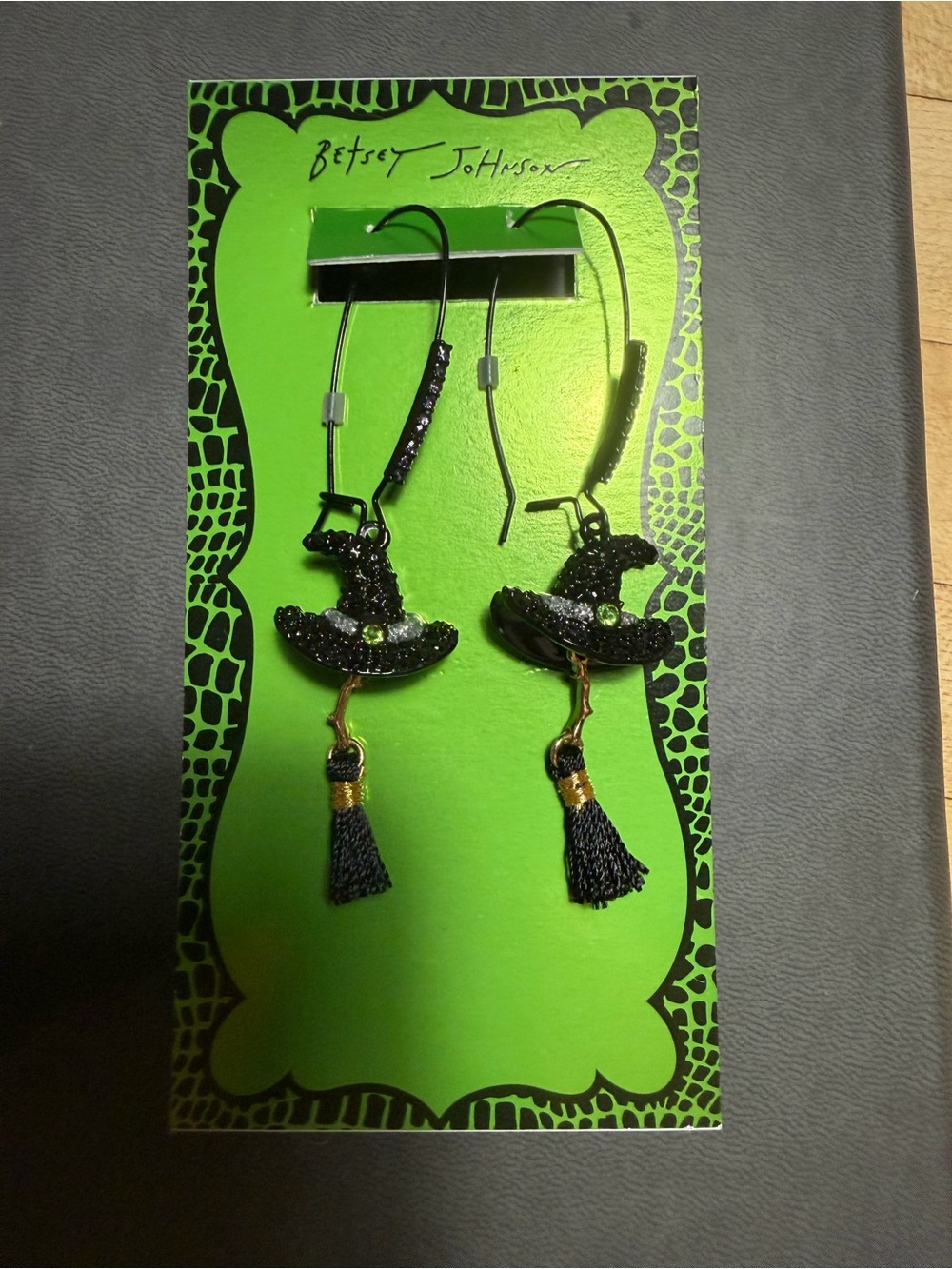 Betsey Johnson Black Glitter Witch Hat Tassel Earrings